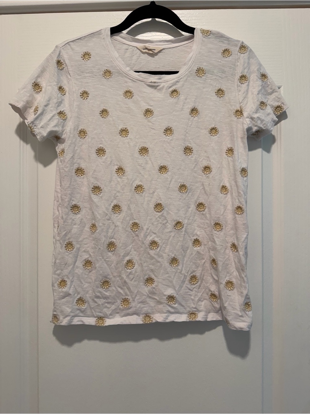 Lucky Brand White Short-Sleeve Tee with Yellow Dandelion Embroidery